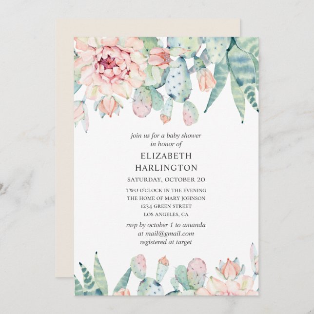 Invitation Aquarelle succulents baby shower. Cactus floral (Devant / Derrière)
