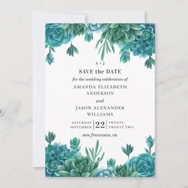 Invitation Aquarelle succulents. Cactus floral bleu pour mari (Devant)
