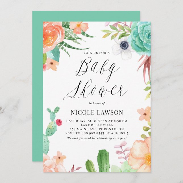 Invitation Aquarelle Succulents et Baby shower de fleurs (Devant / Derrière)