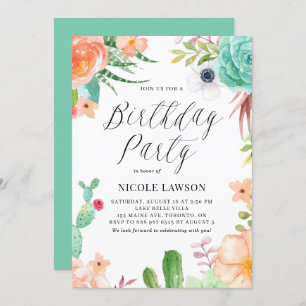 Invitation Aquarelle Succulents et Fleurs Fête Anniversaire