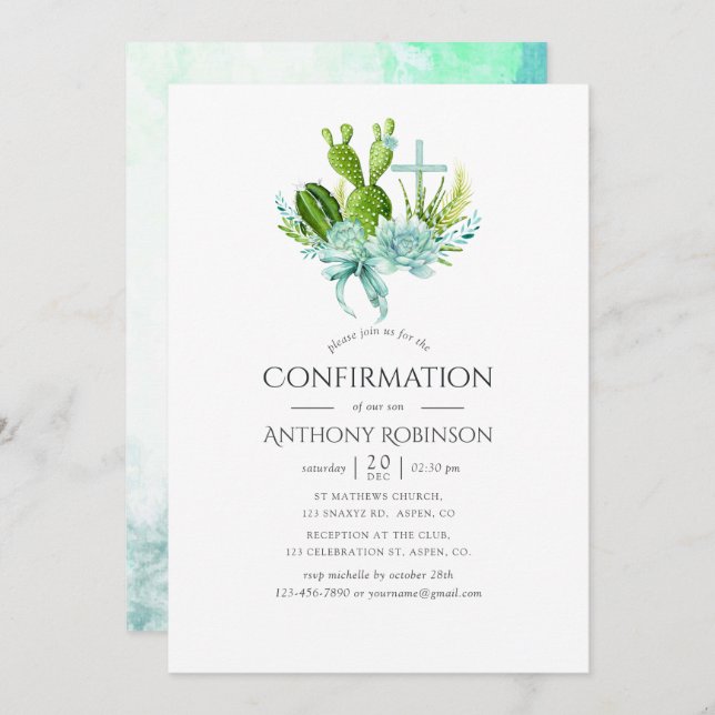 Invitation Aquarelle Succulents garçon Confirmation (Devant / Derrière)