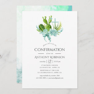 Invitation Aquarelle Succulents garçon Confirmation
