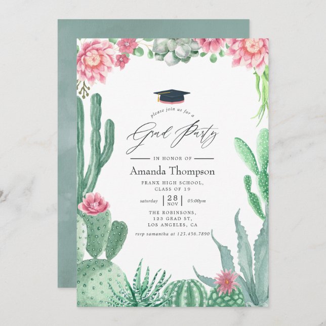 Invitation Aquarelle Succulents Graduation Party (Devant / Derrière)