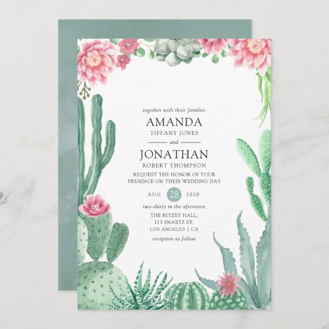 Invitation Aquarelle Succulents Mariage (Devant / Derrière)