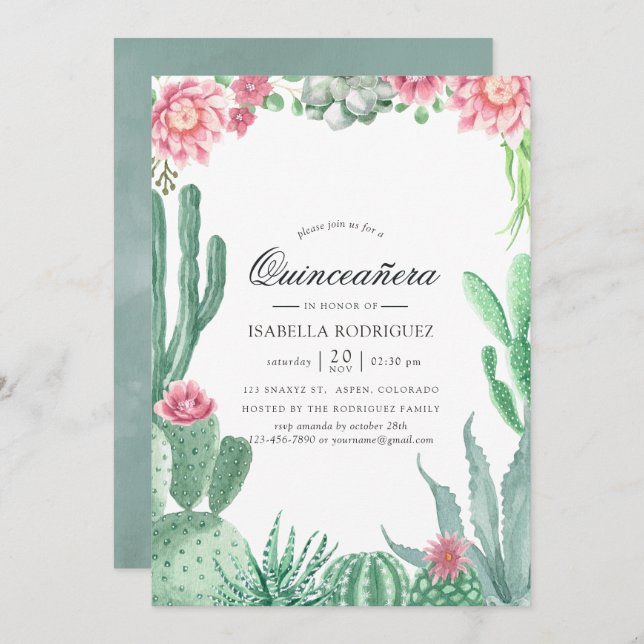 Invitation Aquarelle Succulents Mariage Quinceañera (Devant / Derrière)