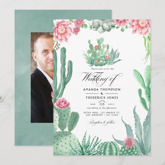 Invitation Aquarelle Succulents Photo Mariage (Devant / Derrière)