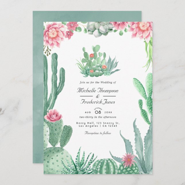 Invitation Aquarelle Succulents QR Code RSVP Mariage (Devant / Derrière)