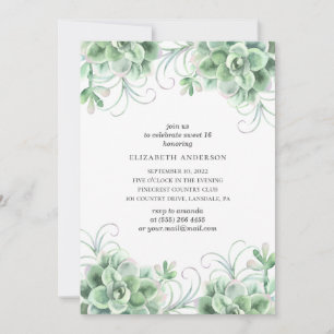 Invitation Aquarelle succulents Sweet 16. Cactus vert