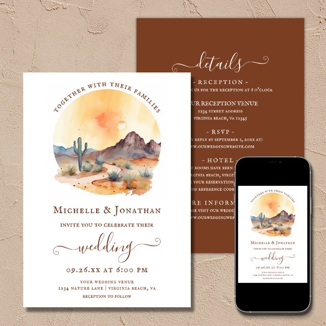 Invitation Aquarelle Sud-Ouest Désert Tout en un Mariage (Printed (Front and Back) and Digital - Watercolor Southwestern Desert All In One Wedding Invitation)