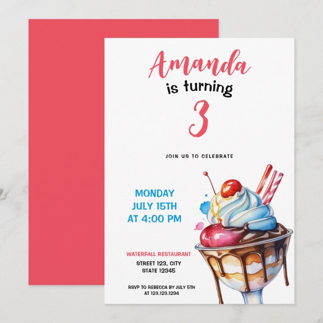 Invitation Aquarelle Sundae Crème de glace Anniversaire (Devant / Derrière)