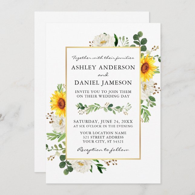 Invitation Aquarelle Sunflower Blanc Floral Mariage photo (Devant / Derrière)