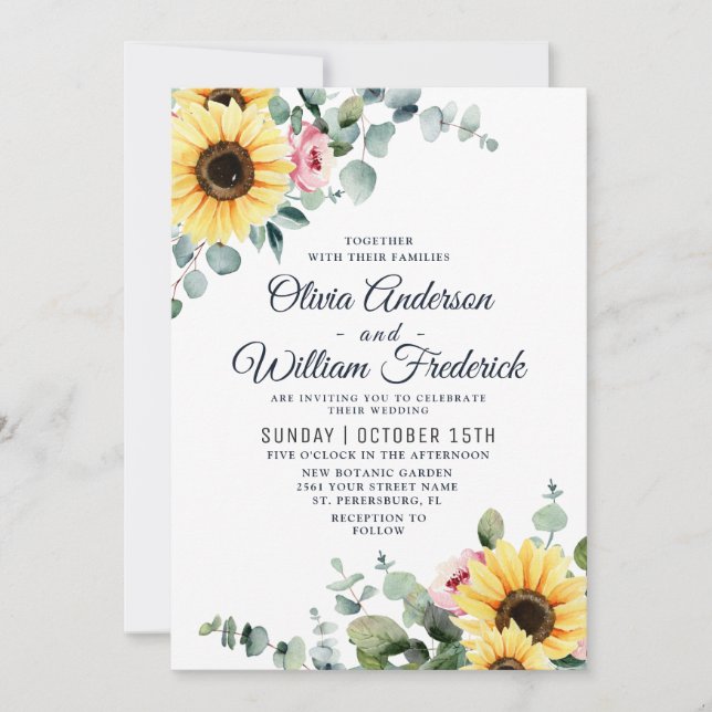 Invitation Aquarelle Sunflower Eucalyptus Bloom Mariage (Devant)