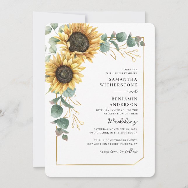 Invitation Aquarelle Sunflower Eucalyptus QR Code Mariage (Devant)