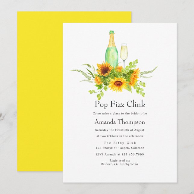 Invitation Aquarelle Sunflower Pop Fizz Clink Fête des mariée (Devant / Derrière)