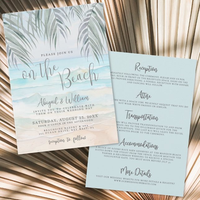 Invitation Aquarelle sur la plage mariage tout compris (Watercolor On The Beach Wedding All In One Invitation )
