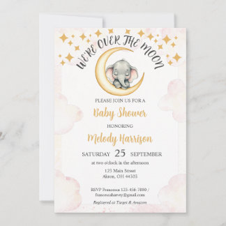 Invitation Aquarelle sur le Baby shower d'éléphant de la lune