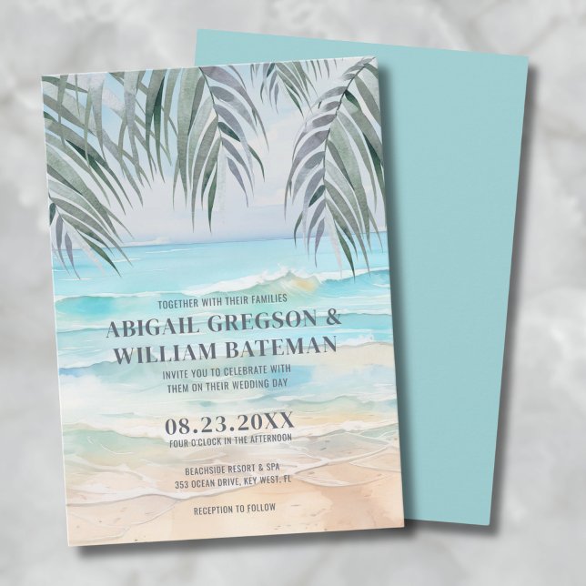 Invitation Aquarelle sur le mariage à la plage (Coastal Watercolor Tropical Summer Beach Wedding Invitation)