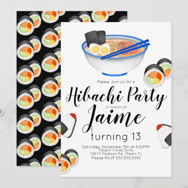 Invitation Aquarelle Sushi Ado Anniversaire Hibachi Noodles (Devant / Derrière)