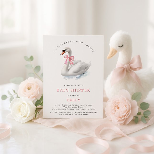 Invitation Aquarelle Swan Baby shower Bow rose (Créateur téléchargé)