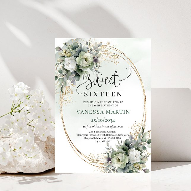 Invitation aquarelle Sweet 16 botanique vert pouss (Dusty Green Botanical Sweet 16 Watercolor Invitation)