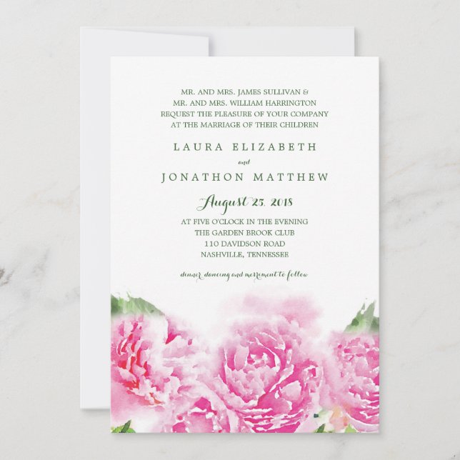 Invitation Aquarelle Sweet Pink Peonies | Mariage (Devant)