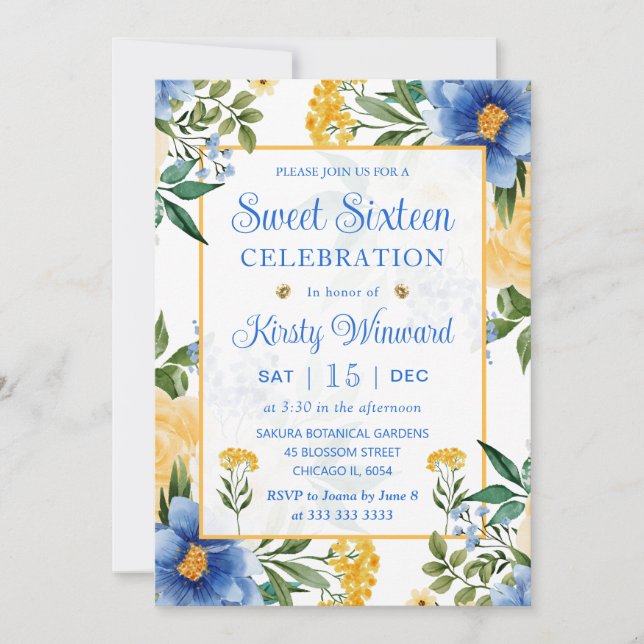 Invitation Aquarelle Sweet sixteen bleu et jaune (Devant)