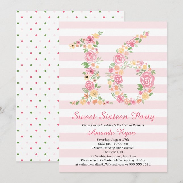 Invitation Aquarelle Sweet sixteen Floral Anniversaire (Devant / Derrière)