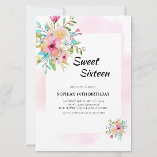 Invitation Aquarelle Sweet sixteen Floral avec cadre rose