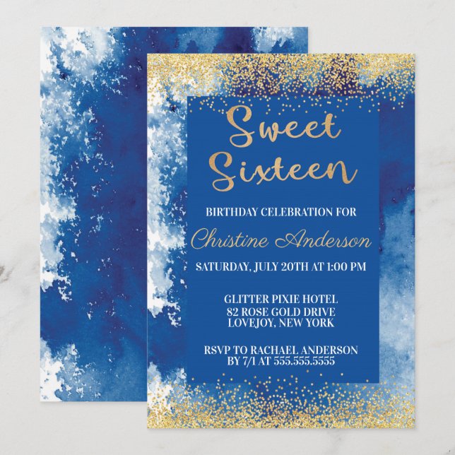 Invitation Aquarelle sweet sixteen Parties scintillant or ble (Devant / Derrière)