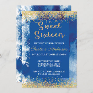 Invitation Aquarelle sweet sixteen Parties scintillant or ble