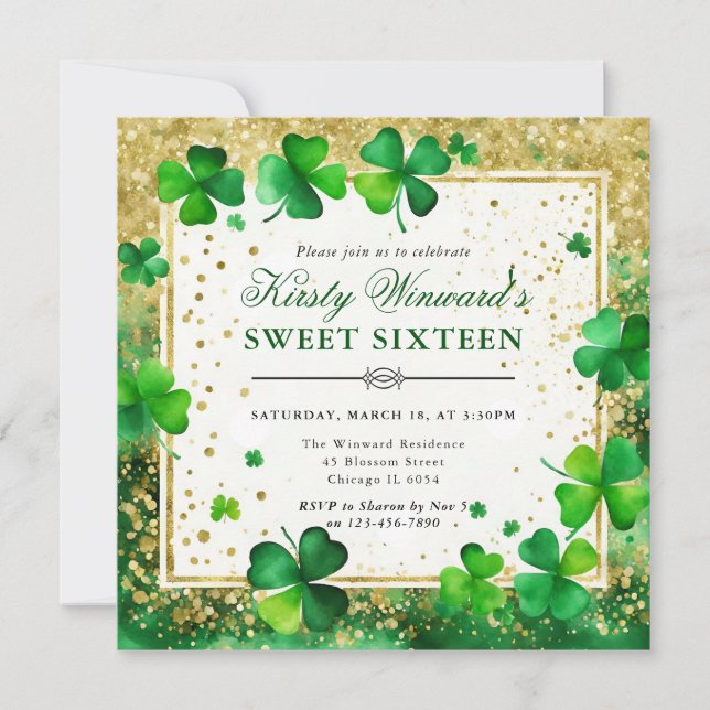 Invitation Aquarelle Sweet sixteen Shamrock vert et or (Devant)
