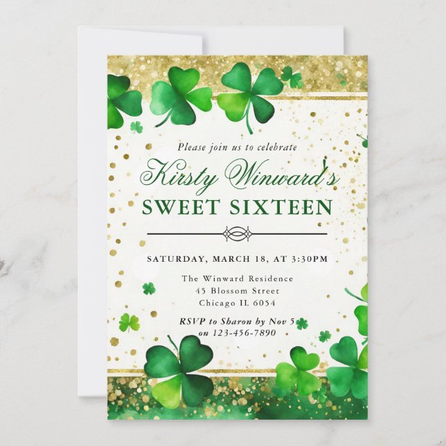 Invitation Aquarelle Sweet sixteen Shamrock vert et or (Devant)