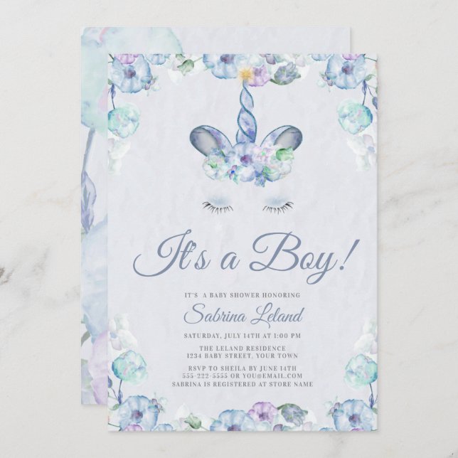 Invitation Aquarelle Sweet Unicorn C'est un Baby shower garço (Devant / Derrière)