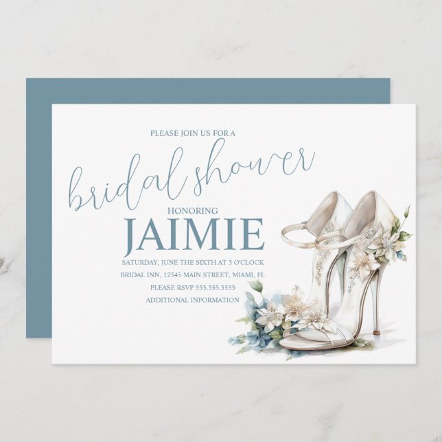 Invitation Aquarelle Talon Fête des mariées florale Dusty Blu (Devant / Derrière)