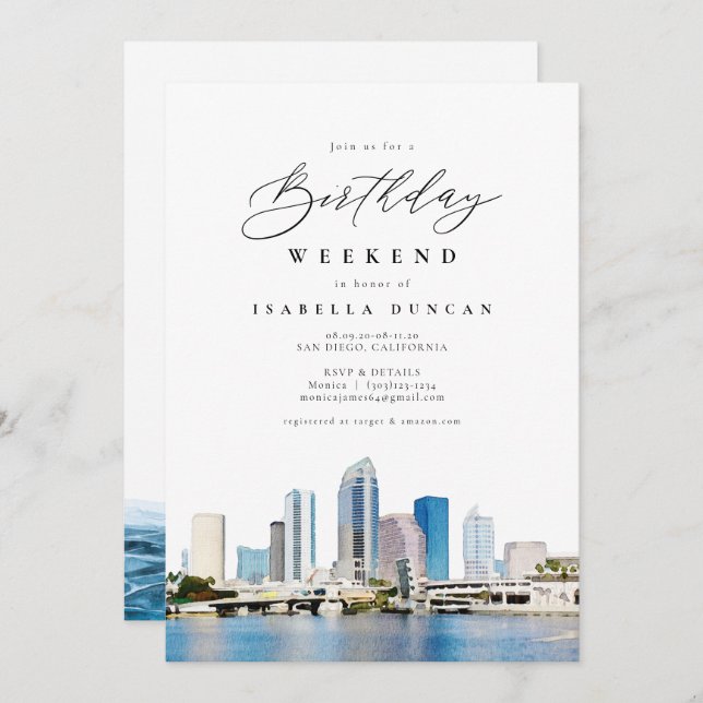 Invitation Aquarelle Tampa Florida Coast Skyline Anniversaire (Devant / Derrière)