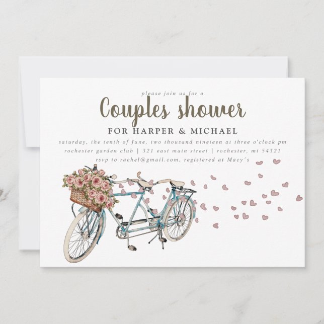 Invitation Aquarelle Tandem vélo couple douche (Devant)