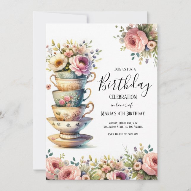 Invitation Aquarelle Tea Party Cute Anniversaire de enfant In (Devant)