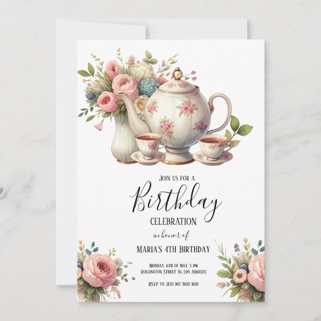 Invitation Aquarelle Tea Party Cute Anniversaire de enfant In (Devant)