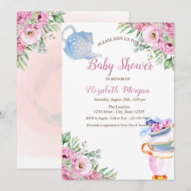 Invitation Aquarelle Teapot tasse de thé Baby shower floral (Devant / Derrière)