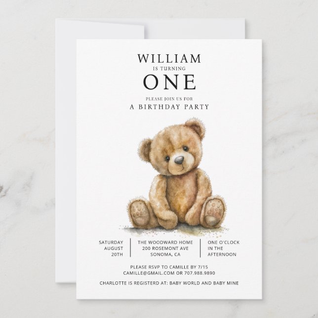 Invitation Aquarelle Teddy Bear 1ère fête d'anniversaire (Devant)