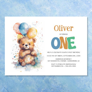 Invitation Aquarelle Teddy Bear 1ère fête d'anniversaire