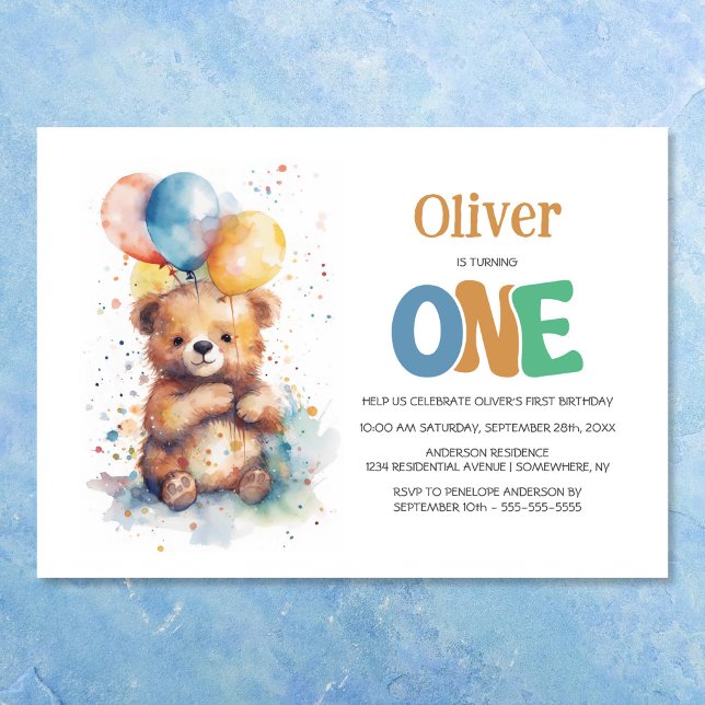 Invitation Aquarelle Teddy Bear 1ère fête d'anniversaire (Créateur téléchargé)