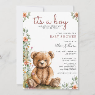 Invitation Aquarelle Teddy Bear Baby shower garçon