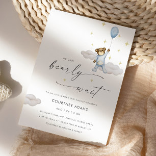 Invitation Aquarelle Teddy Bear Balloon Baby shower bleu
