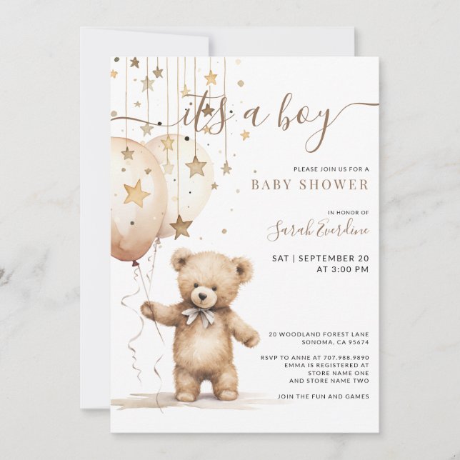 Invitation Aquarelle Teddy Bear Balloons Baby shower garçon (Devant)