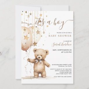 Invitation Aquarelle Teddy Bear Balloons Baby shower garçon