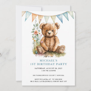 Invitation Aquarelle Teddy Bear Bleu 1er anniversaire