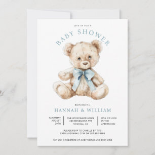 Invitation Aquarelle Teddy Bear Boy Baby shower bleu
