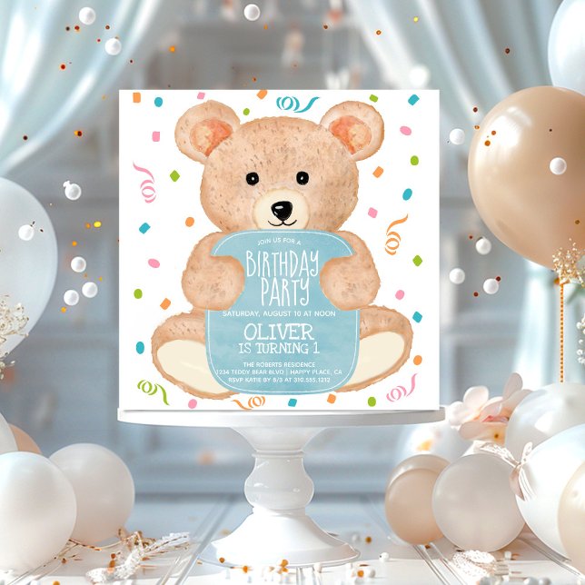 Invitation Aquarelle Teddy Bear Confetti Boy Anniversaire (Créateur téléchargé)