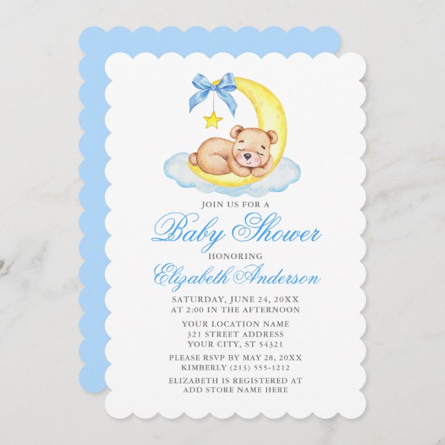 Invitation Aquarelle Teddy Bear Lune Baby shower bleu (Devant / Derrière)